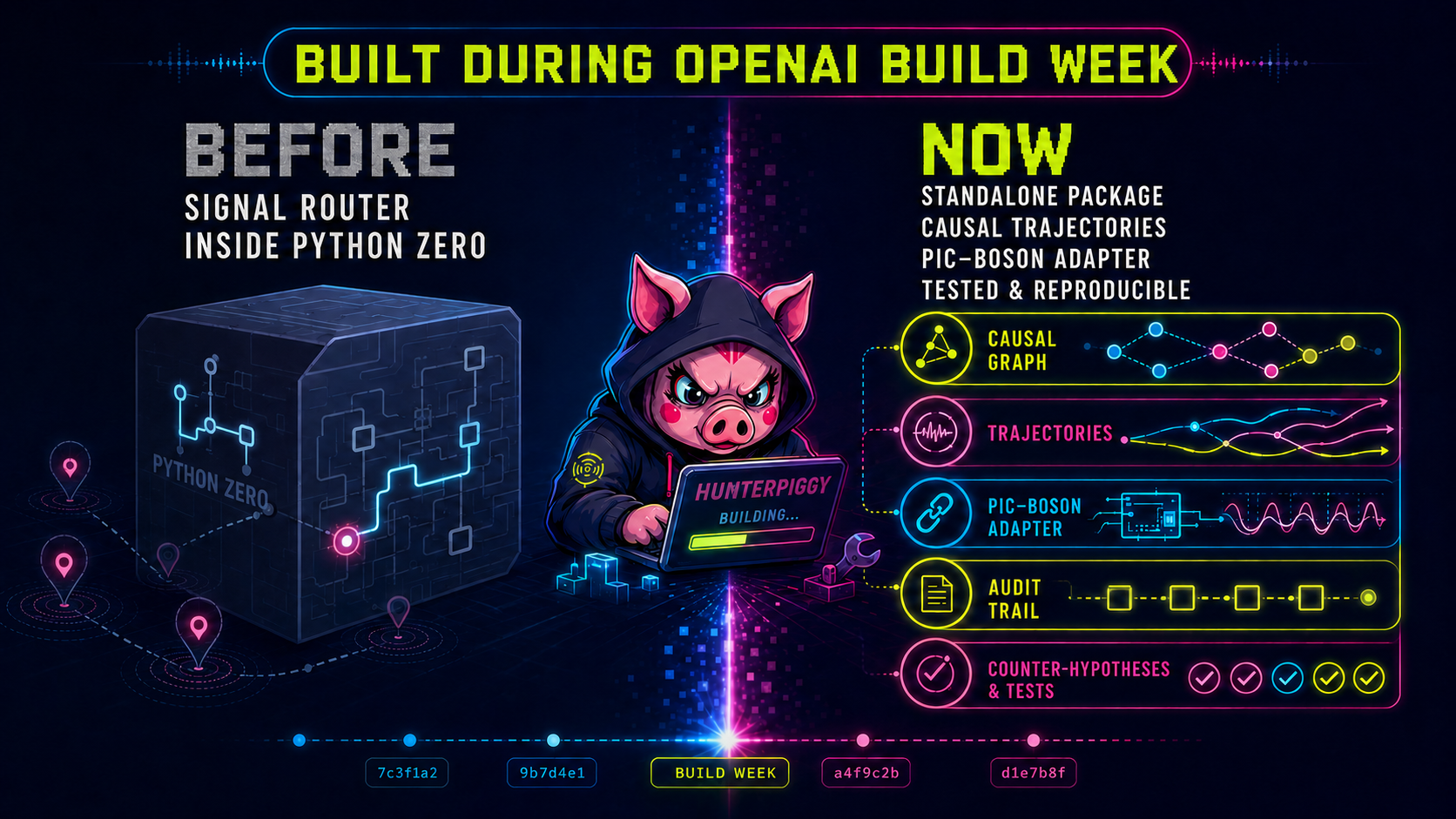 Before / Now diagram: HunterPiggy graduated from an internal signal router inside Python Zero to a standalone package with causal trajectories, PIC–Boson adapter and audit trail, built during OpenAI Build Week.